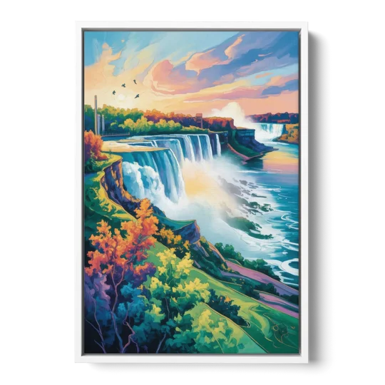 American and Canadian Falls View - White Framed Canvas Wall Art - Front
