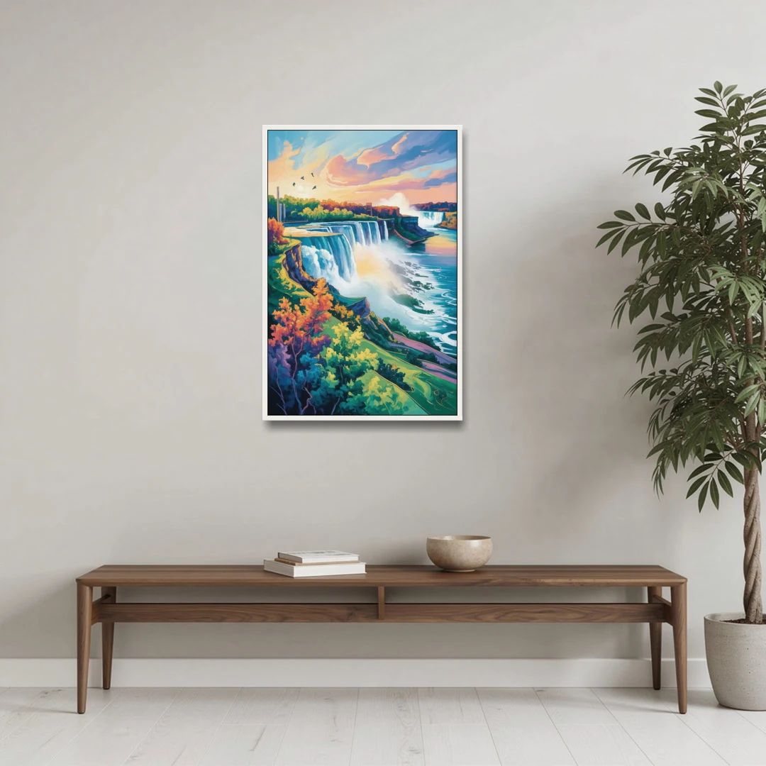 American and Canadian Falls View - White Framed Canvas Wall Art - Coffee Table - 24x36
