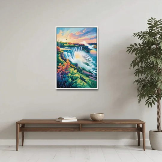 American and Canadian Falls View - White Framed Canvas Wall Art - Coffee Table - 24x36