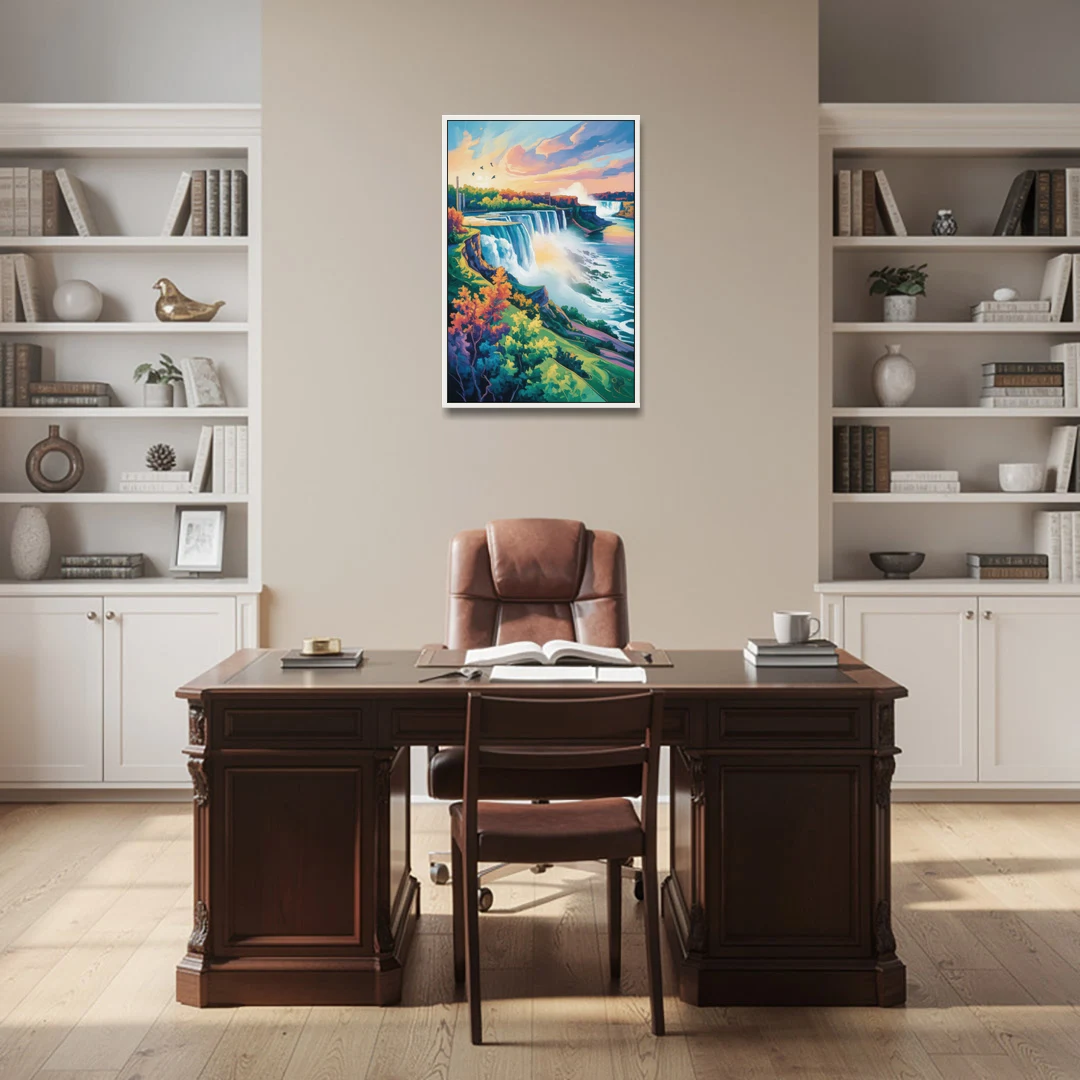 American and Canadian Falls View - White Framed Canvas Wall Art - Office - 24x36