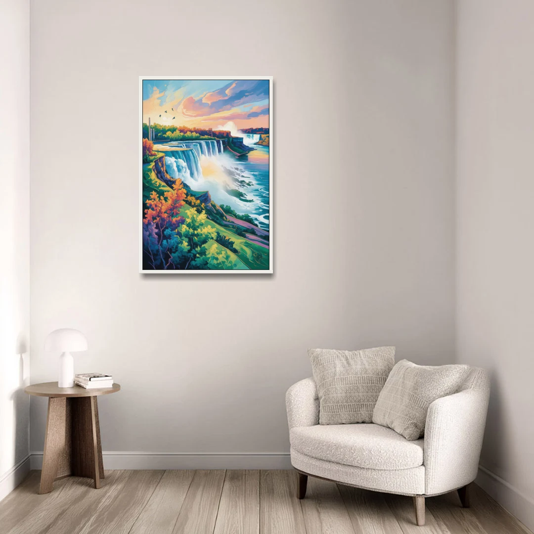 American and Canadian Falls View - White Framed Canvas Wall Art - Sofa - 24x36