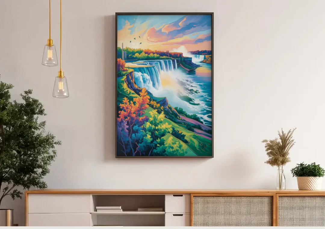 American and Canadian Falls View canvas wall art above a wooden sideboard under pendant lights