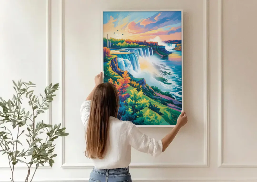 American and Canadian Falls View canvas wall art being hung on a paneled wall