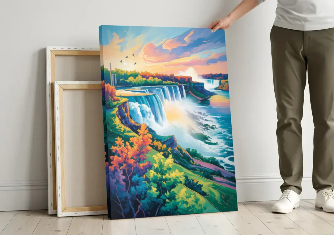 American and Canadian Falls View canvas wall art leaning against a wall next to blank canvases