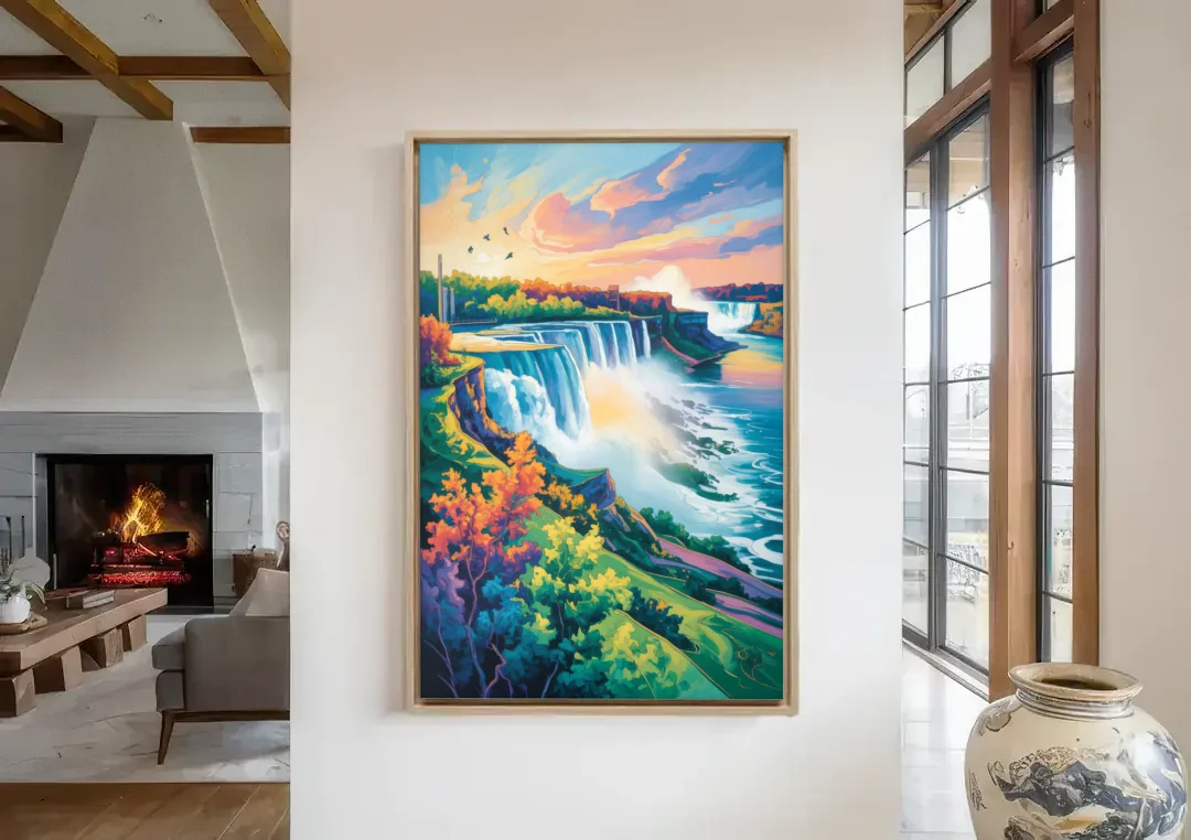 American and Canadian Falls View canvas wall art in a living room with a fireplace