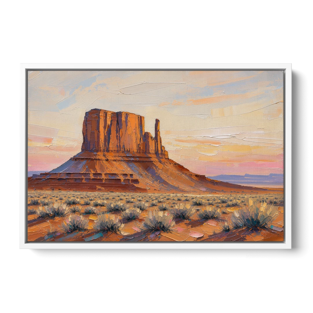 American Landscape Painting of a Desert Mesa - White Framed Canvas Wall Art - Front