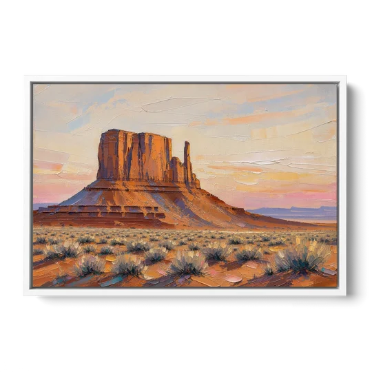American Landscape Painting of a Desert Mesa - White Framed Canvas Wall Art - Front