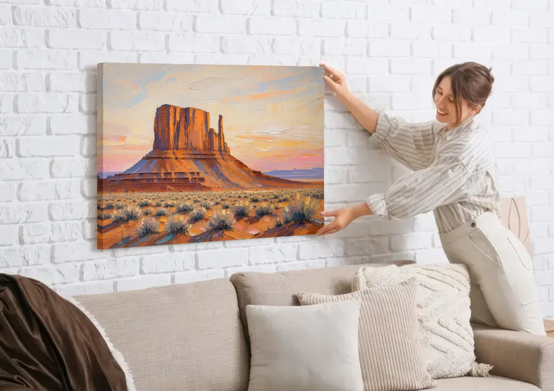 American Landscape Painting of a Desert Mesa canvas wall art being hung on a white brick wall above a sofa
