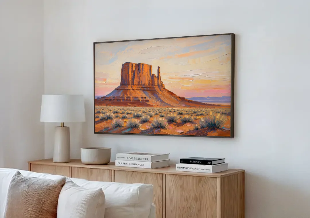 American Landscape Painting of a Desert Mesa canvas wall art above a wooden sideboard next to a sofa