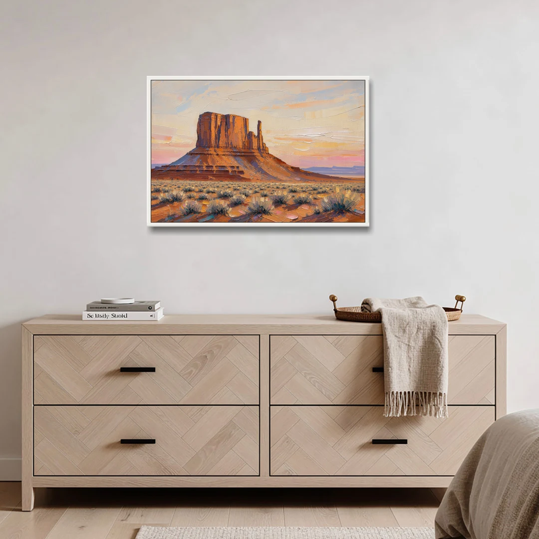 American Landscape Painting of a Desert Mesa - White Framed Canvas Wall Art - Coffee Table - 36x24