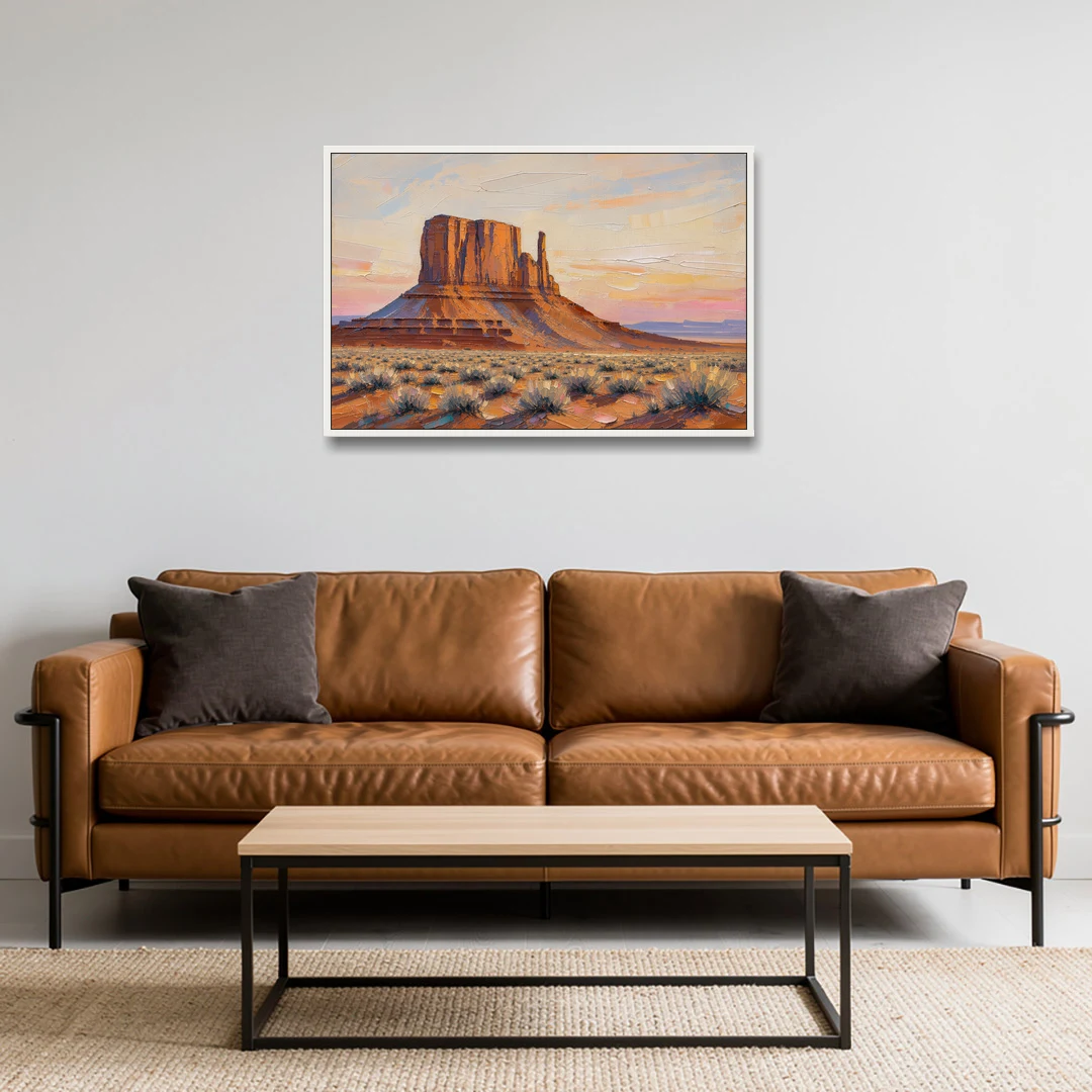 American Landscape Painting of a Desert Mesa - White Framed Canvas Wall Art - Sofa - 36x24