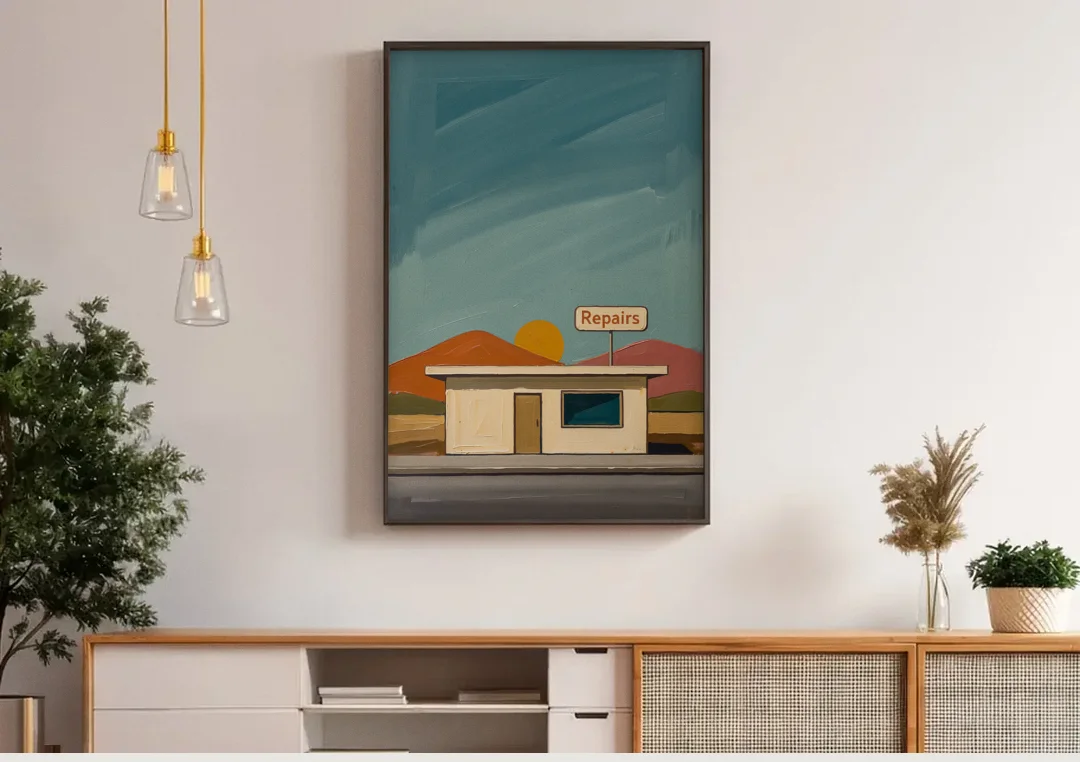 Americana Wall Art Roadside Repairs at Dusk canvas wall art above a wooden sideboard under pendant lights