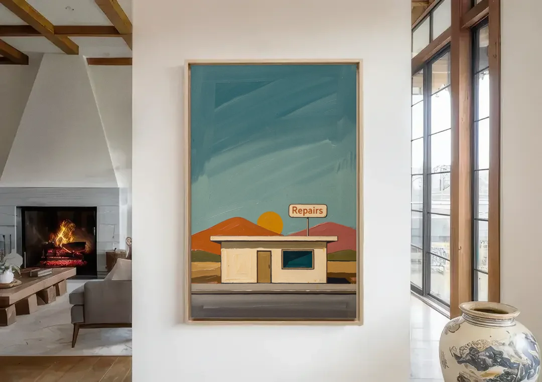 Americana Wall Art Roadside Repairs at Dusk canvas wall art in a living room with a fireplace
