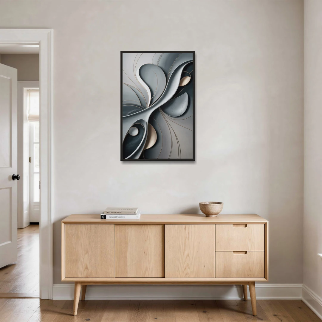 Amorphous Curves in Grey Abstract - Black Framed Canvas Wall Art - Coffee Table - 24x36