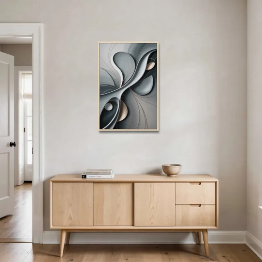 Amorphous Curves in Grey Abstract - Oak Framed Canvas Wall Art - Coffee Table - 24x36
