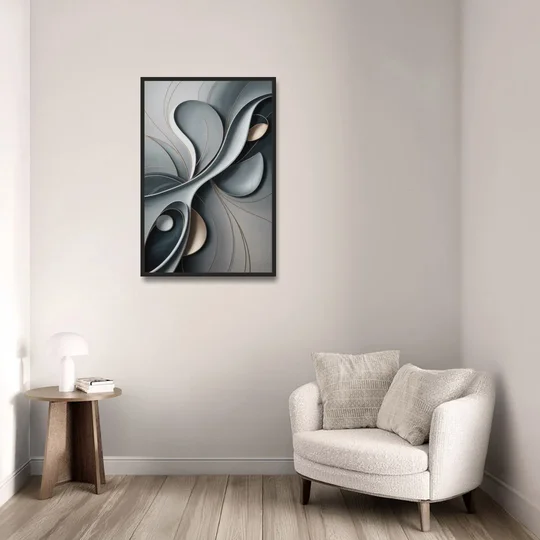 Amorphous Curves in Grey Abstract - Black Framed Canvas Wall Art - Sofa - 24x36