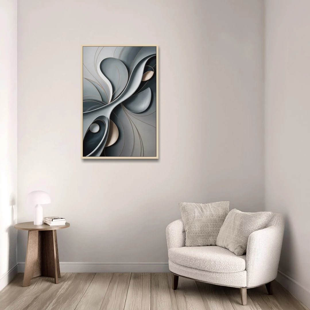 Amorphous Curves in Grey Abstract - Oak Framed Canvas Wall Art - Sofa - 24x36