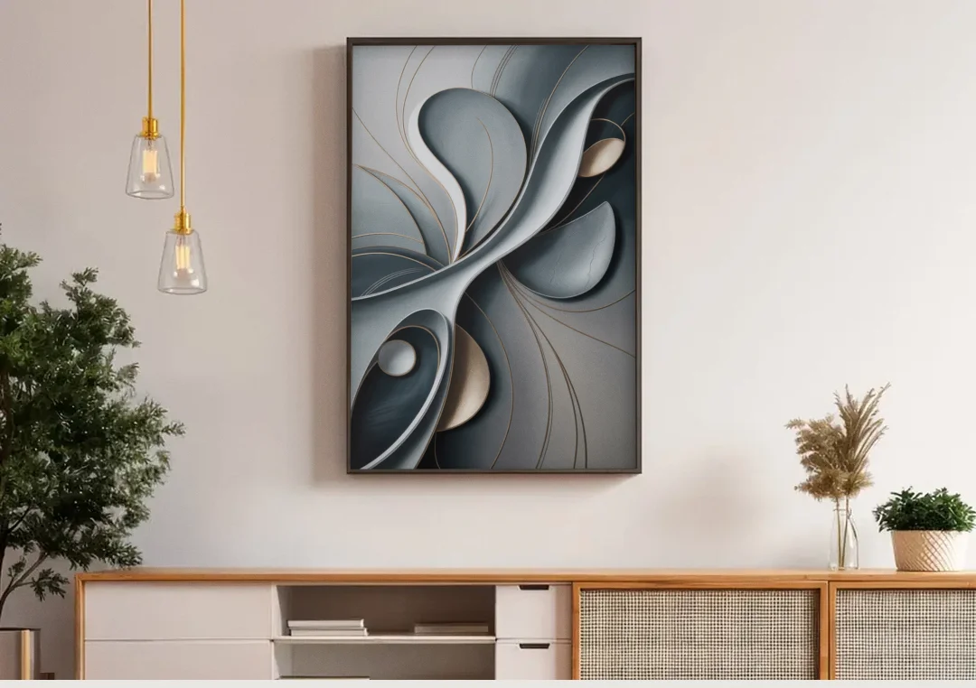 Amorphous Curves in Grey Abstract canvas wall art above a wooden sideboard under pendant lights