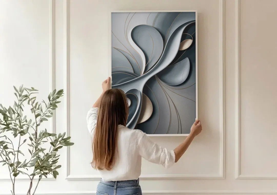 Amorphous Curves in Grey Abstract canvas wall art being hung on a paneled wall