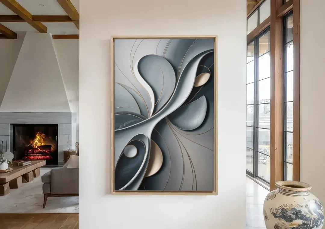 Amorphous Curves in Grey Abstract canvas wall art in a living room with a fireplace