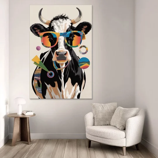 Amusing Cow with Sunglasses - Canvas Wall Art - Sofa - 40x60