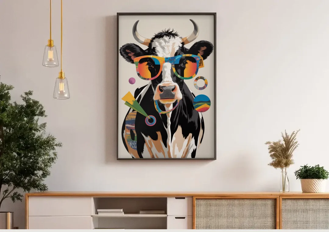 Amusing Cow with Sunglasses canvas wall art above a wooden sideboard under pendant lights