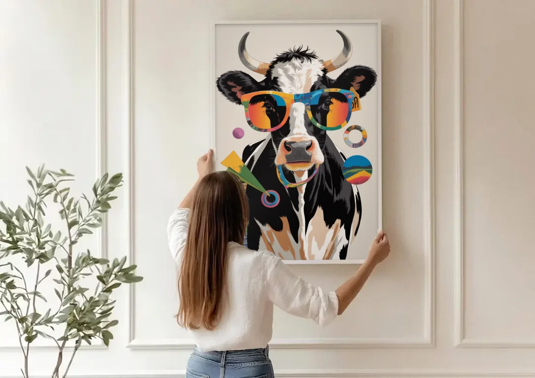 Amusing Cow with Sunglasses canvas wall art being hung on a paneled wall