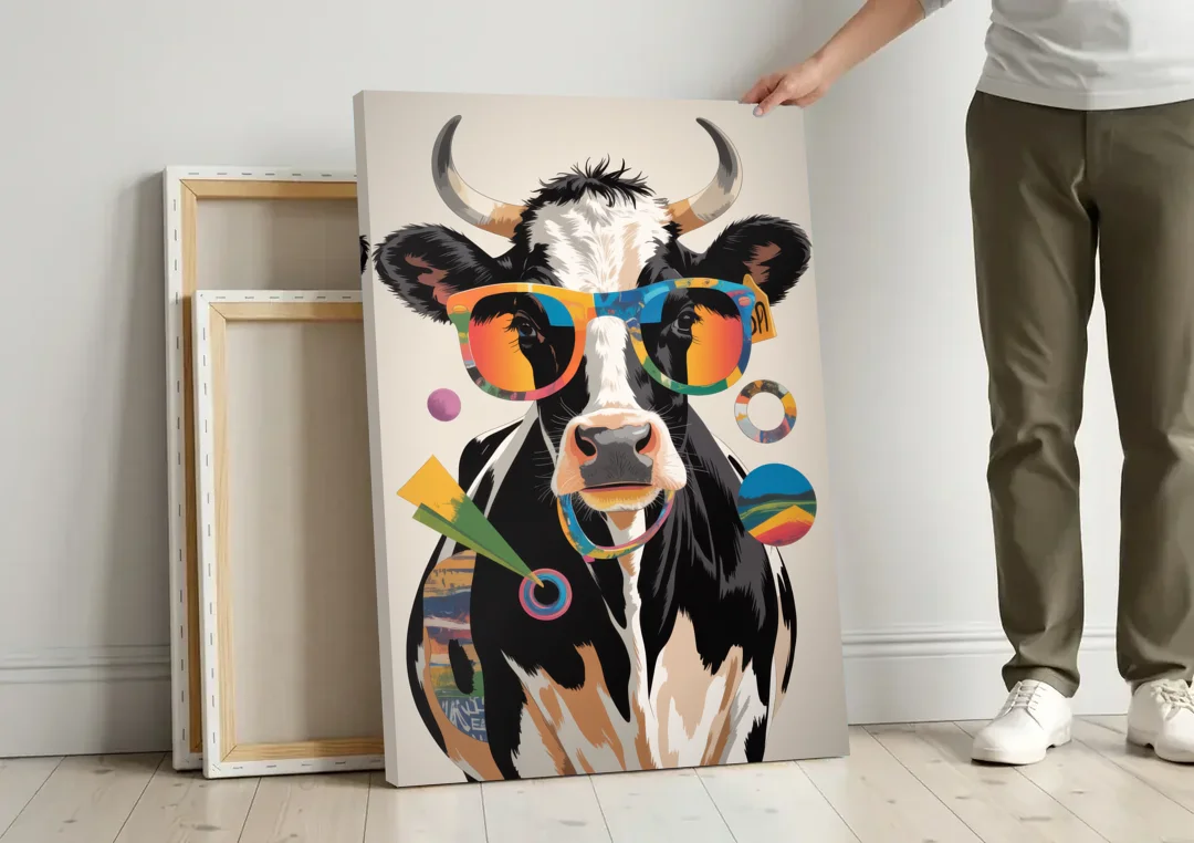 Amusing Cow with Sunglasses canvas wall art leaning against a wall next to blank canvases