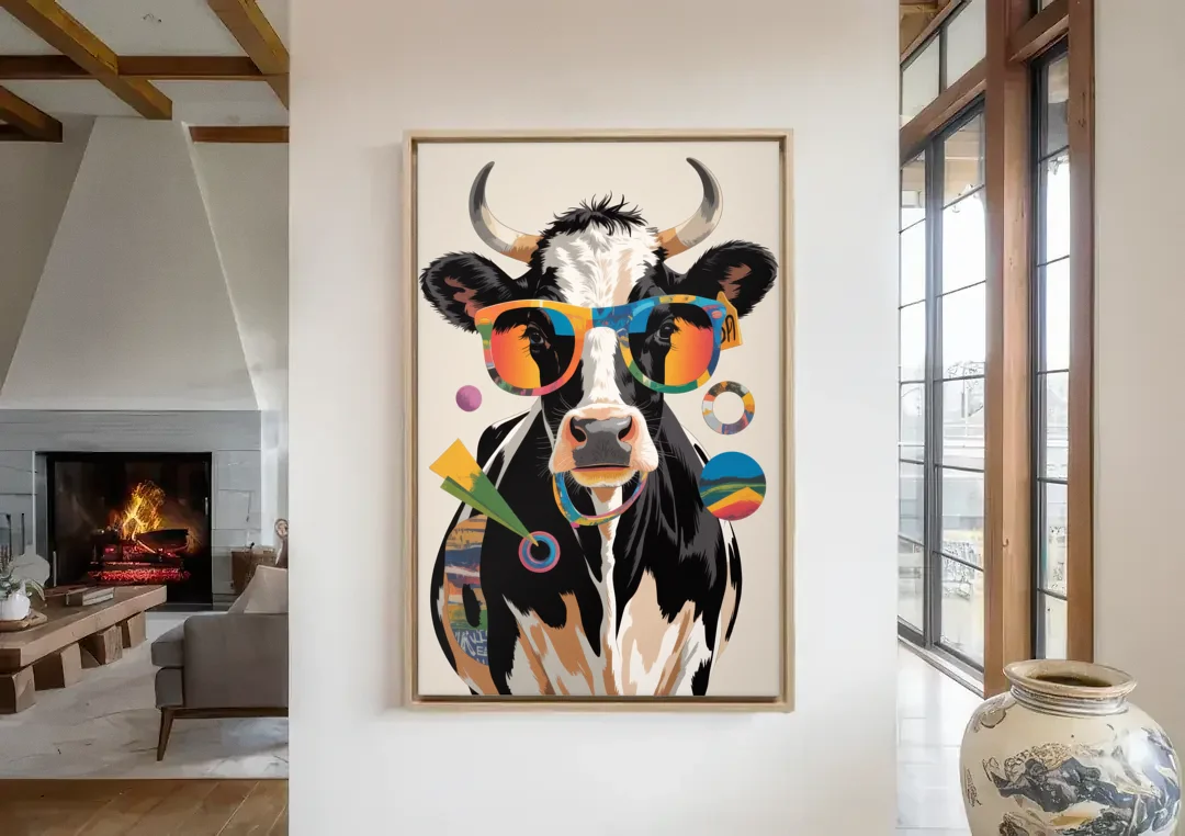 Amusing Cow with Sunglasses canvas wall art in a living room with a fireplace