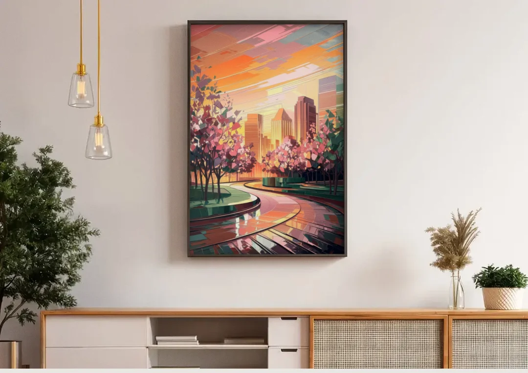 Anaheim Cityscape Vibes canvas wall art above a wooden sideboard under pendant lights
