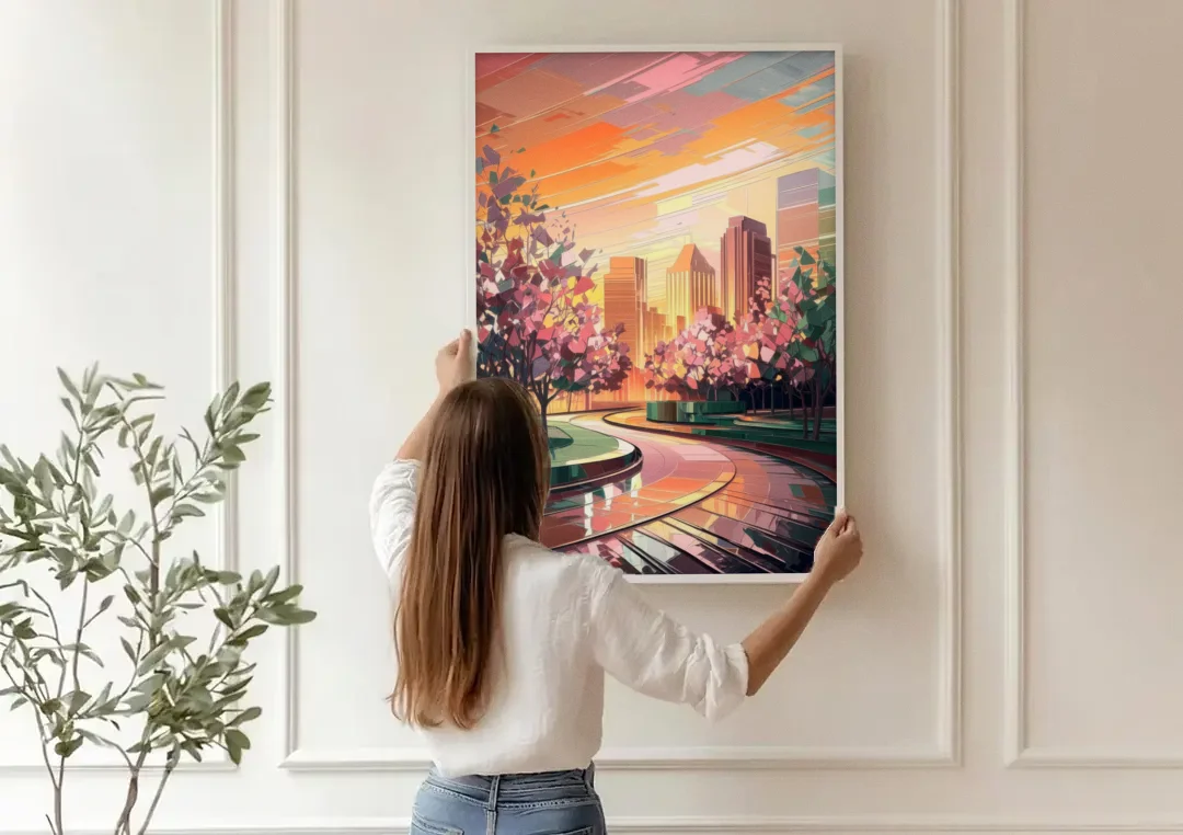 Anaheim Cityscape Vibes canvas wall art being hung on a paneled wall