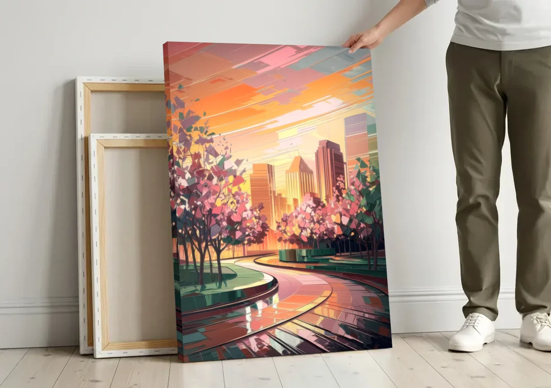 Anaheim Cityscape Vibes canvas wall art leaning against a wall next to blank canvases