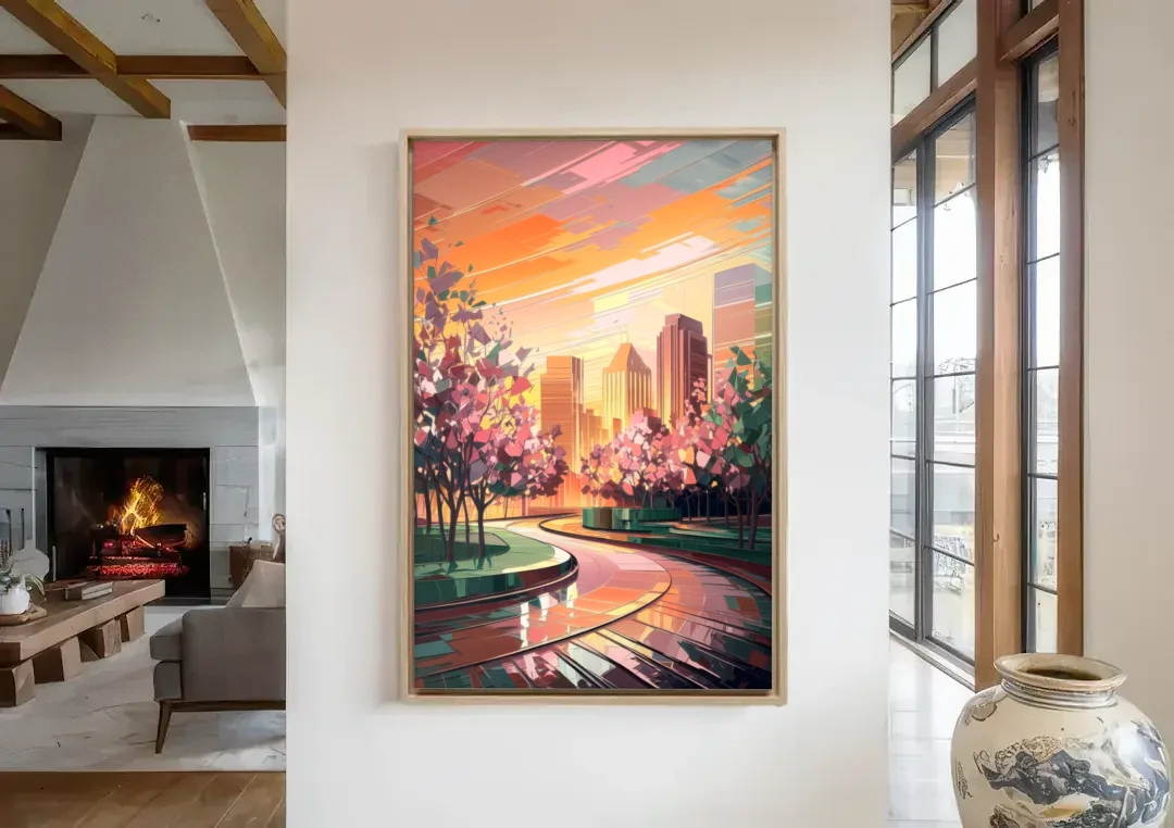 Anaheim Cityscape Vibes canvas wall art in a living room with a fireplace