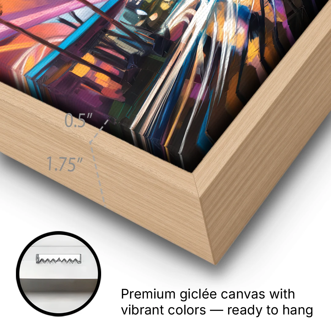 Anaheim Downtown Glow - Oak Framed Canvas Wall Art - Gallery Wrap Corner