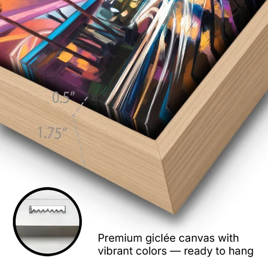 Anaheim Downtown Glow - Oak Framed Canvas Wall Art - Gallery Wrap Corner