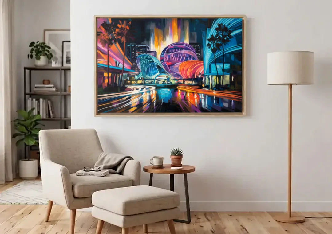 Anaheim Downtown Glow canvas wall art above an armchair in a bright living room