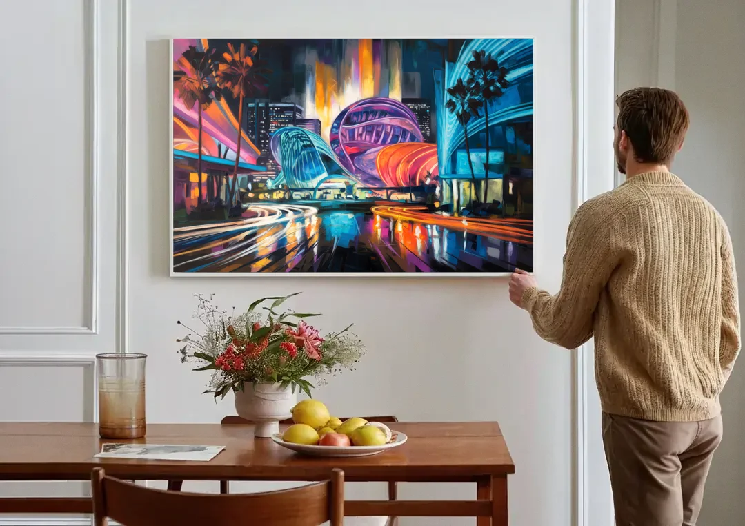 Anaheim Downtown Glow canvas wall art above a dining table