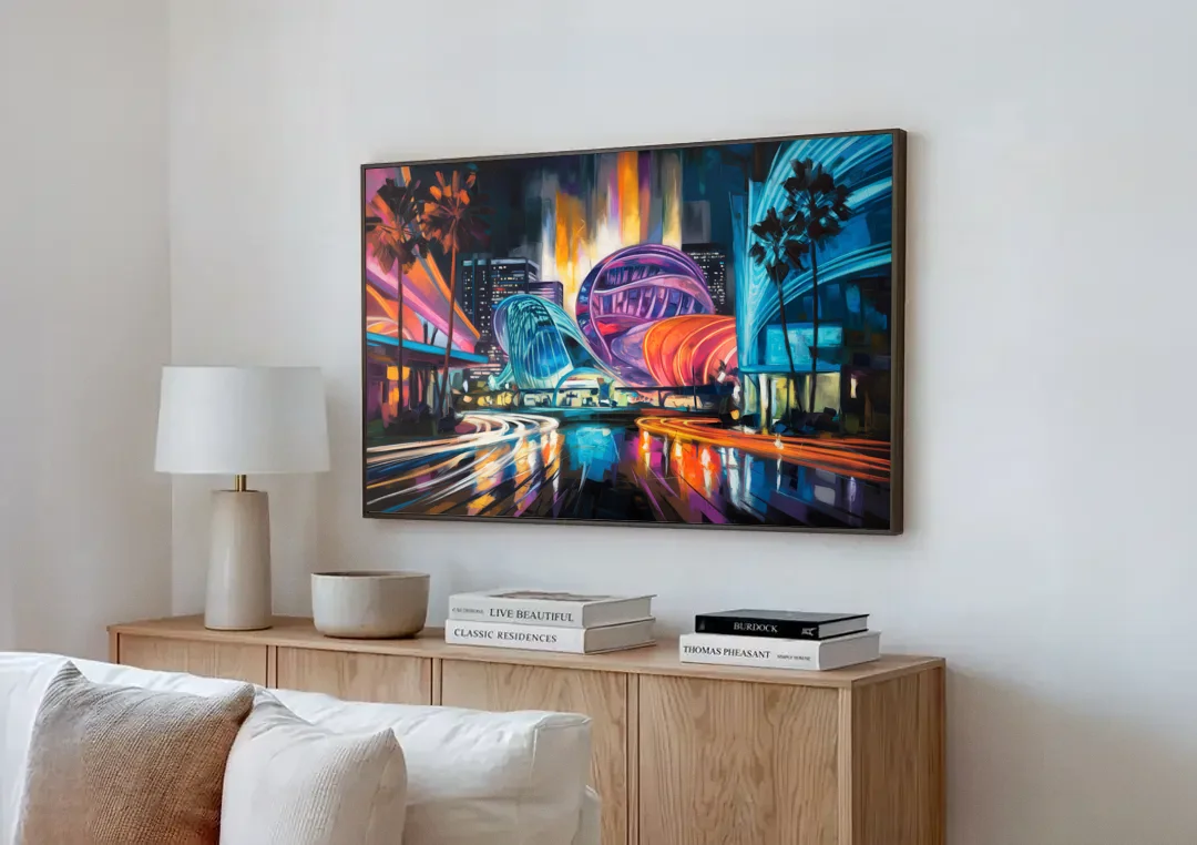 Anaheim Downtown Glow canvas wall art above a wooden sideboard next to a sofa
