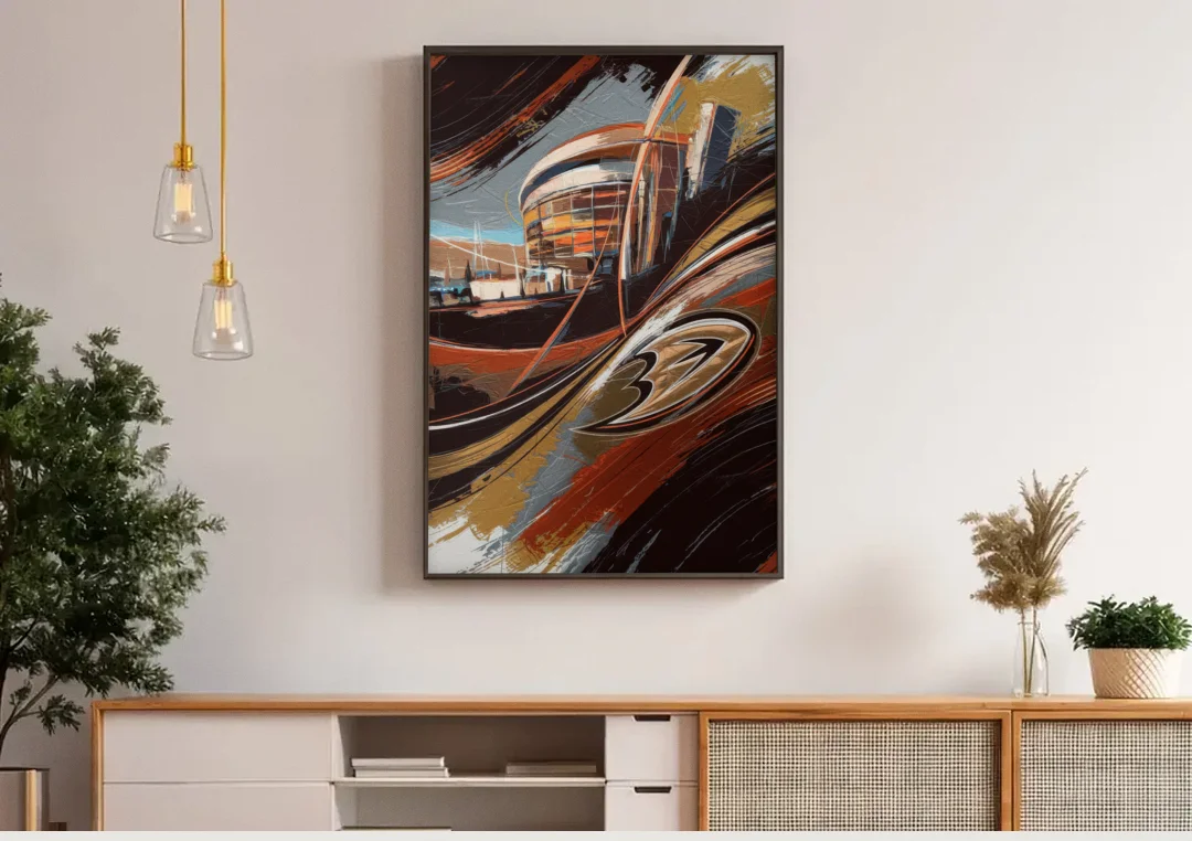 Anaheim Ducks Legacy canvas wall art above a wooden sideboard under pendant lights