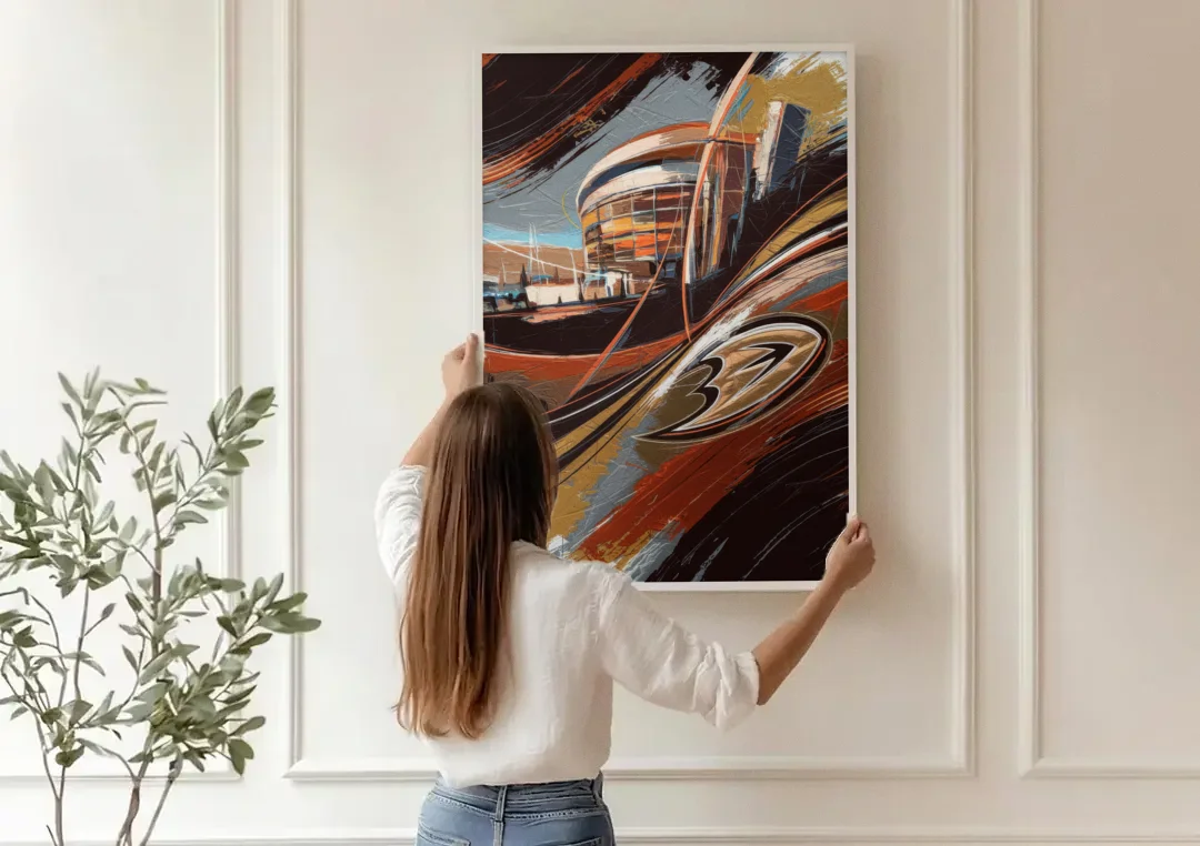 Anaheim Ducks Legacy canvas wall art being hung on a paneled wall
