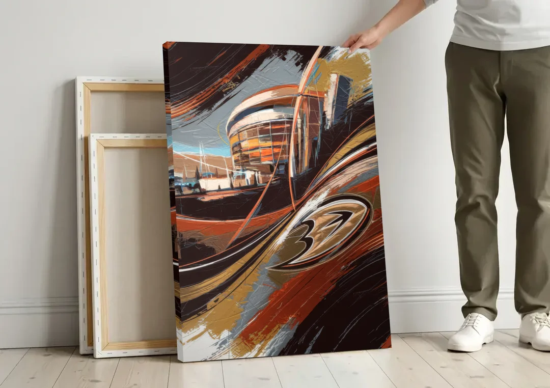 Anaheim Ducks Legacy canvas wall art leaning against a wall next to blank canvases