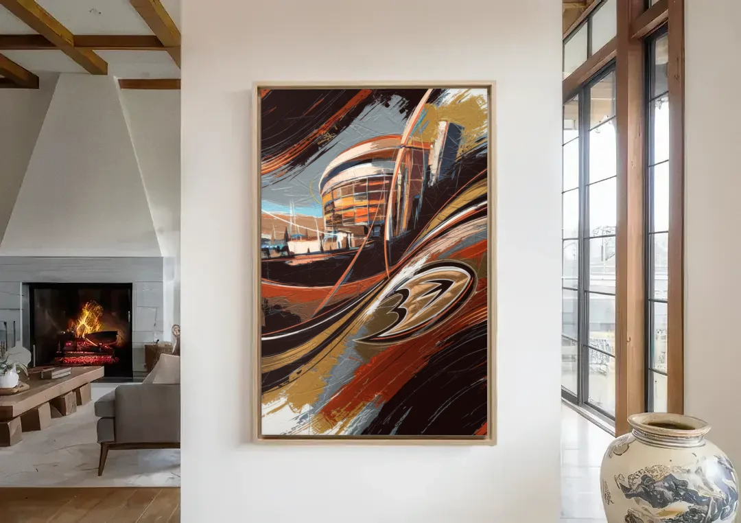 Anaheim Ducks Legacy canvas wall art in a living room with a fireplace