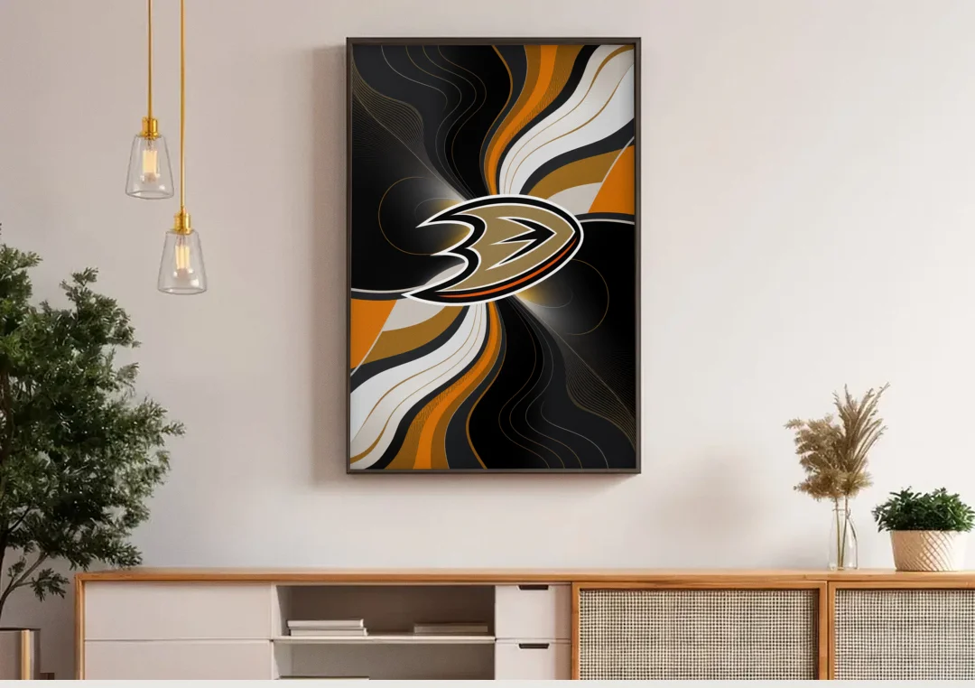 Anaheim Ducks Pride canvas wall art above a wooden sideboard under pendant lights