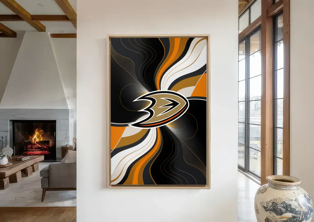 Anaheim Ducks Pride canvas wall art in a living room with a fireplace