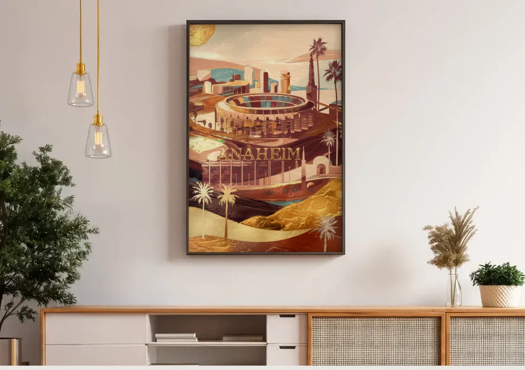 Anaheim Historic Landmarks canvas wall art above a wooden sideboard under pendant lights