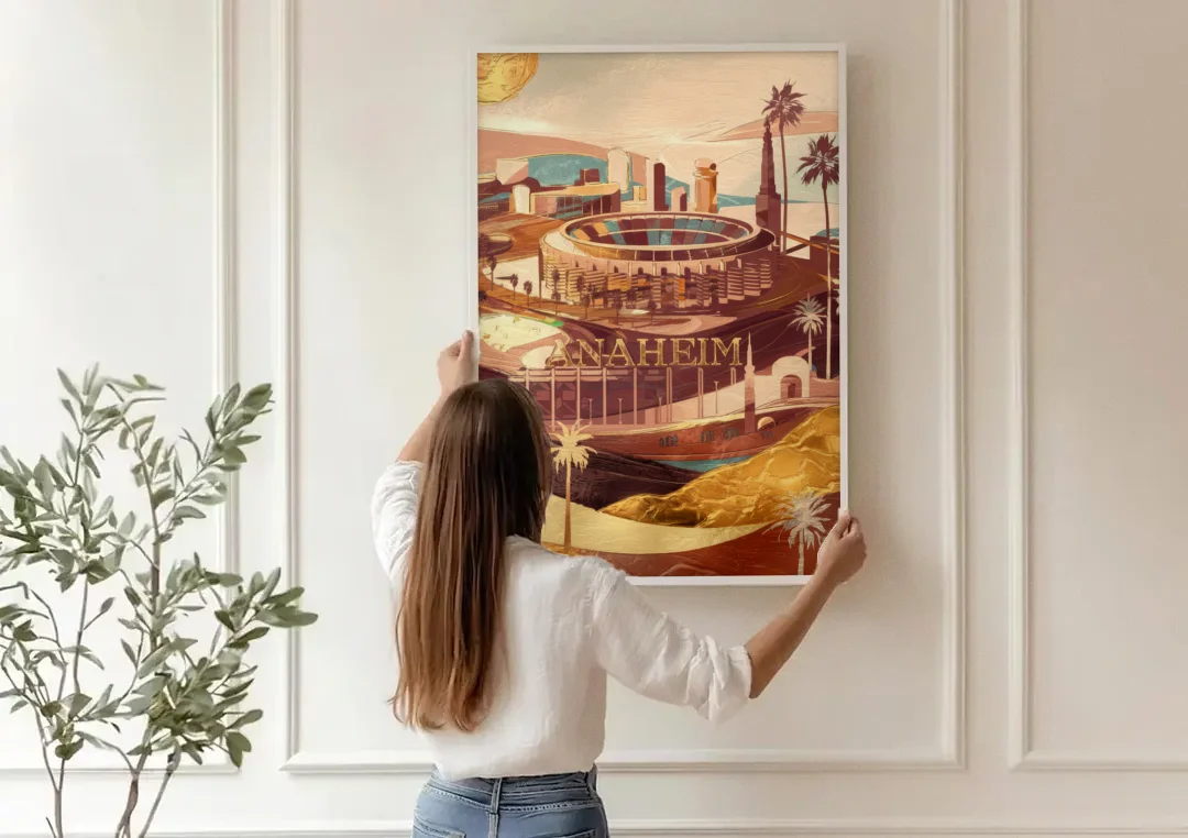 Anaheim Historic Landmarks canvas wall art being hung on a paneled wall