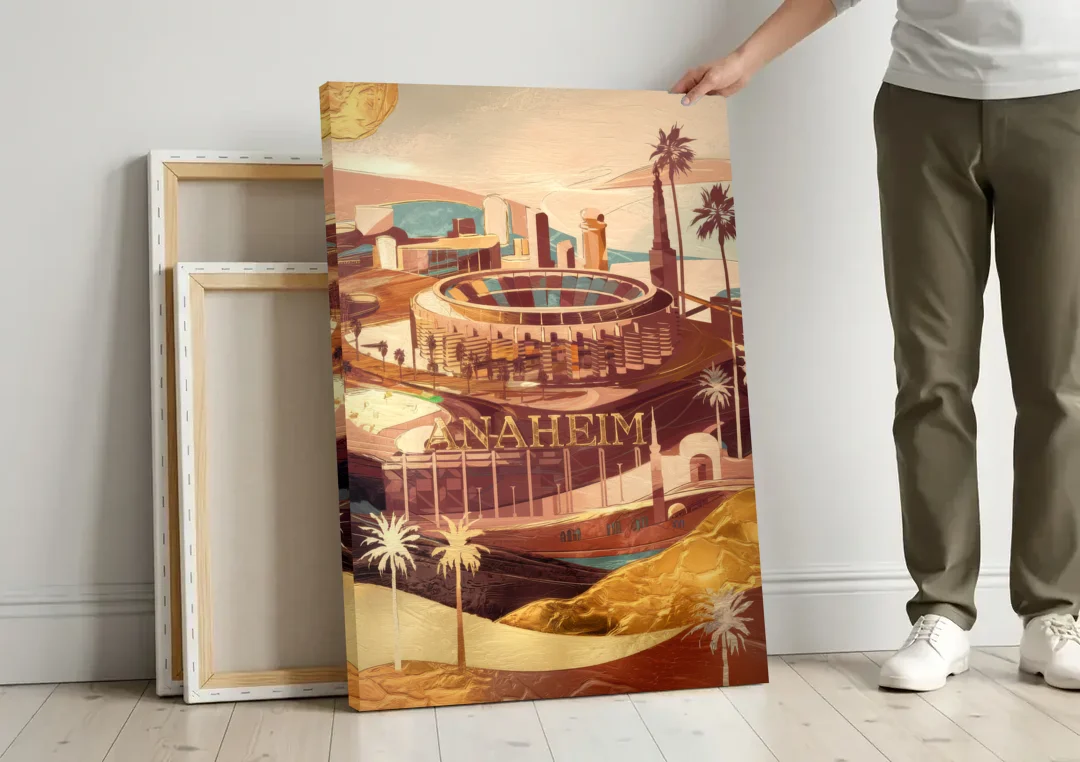 Anaheim Historic Landmarks canvas wall art leaning against a wall next to blank canvases