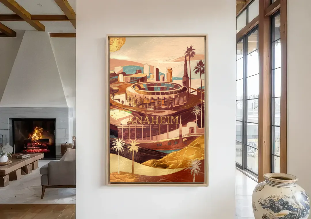 Anaheim Historic Landmarks canvas wall art in a living room with a fireplace