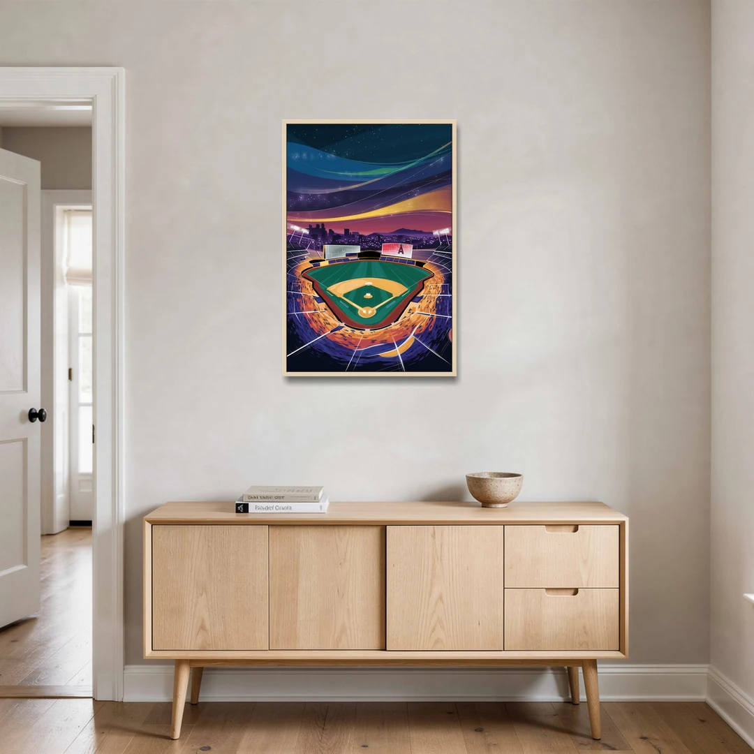 Anaheim Stadium Nights - Oak Framed Canvas Wall Art - Coffee Table - 24x36