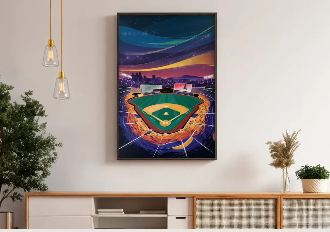 Anaheim Stadium Nights canvas wall art above a wooden sideboard under pendant lights
